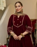 Ivaan Maroon Embroidered Velvet Suit Set
